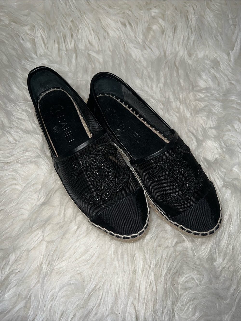 CHANEL Black Mesh Espadrille Slip-Ons with Embroidered CC - Picture 11 of 13